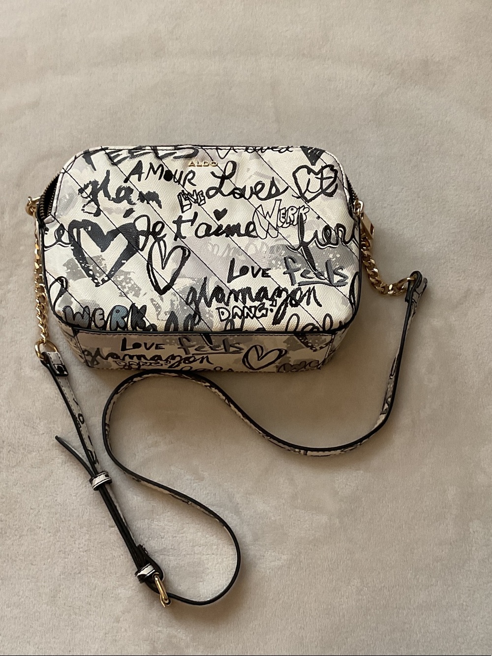 Aldo White and Black Graffiti Script Crossbody Bag